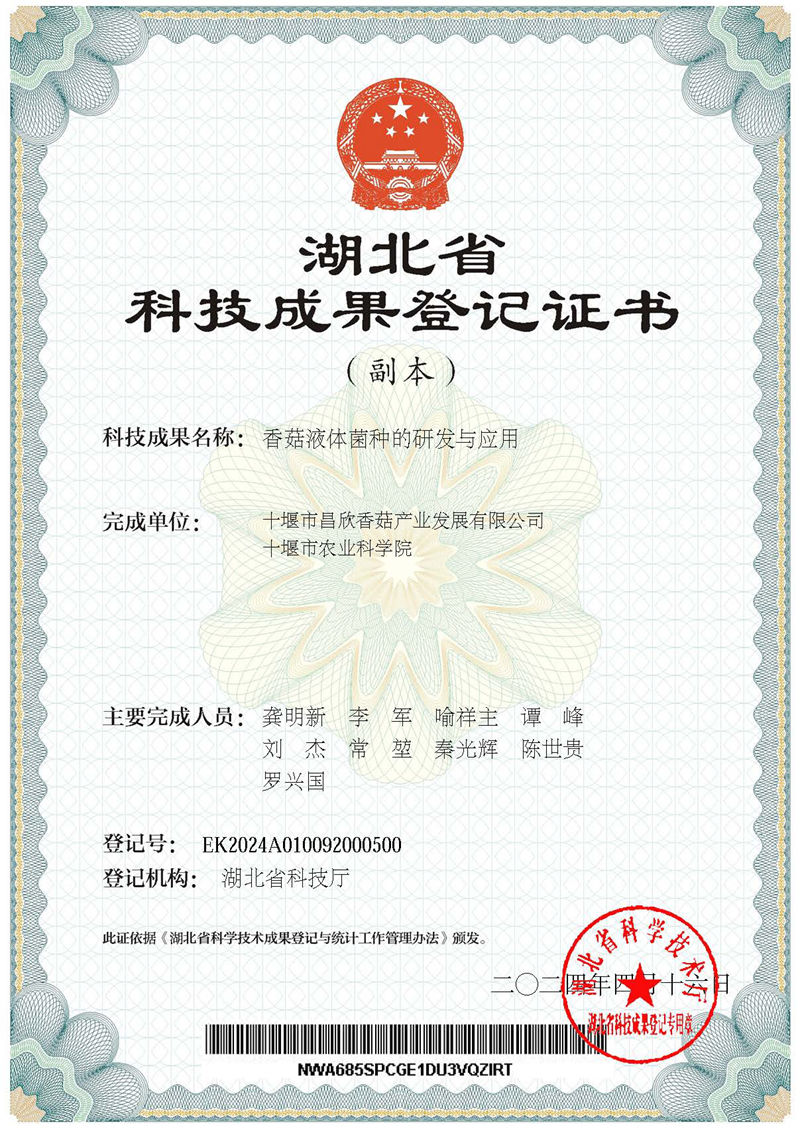 香菇液体菌种的研发与应用效果挂号证书